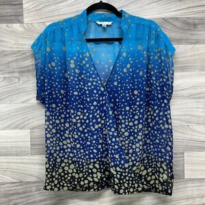 CAbi Faux Wrap‎ Blouse Womens Medium Blue Sheer Polka Dot Sleeveless V-Neck Top